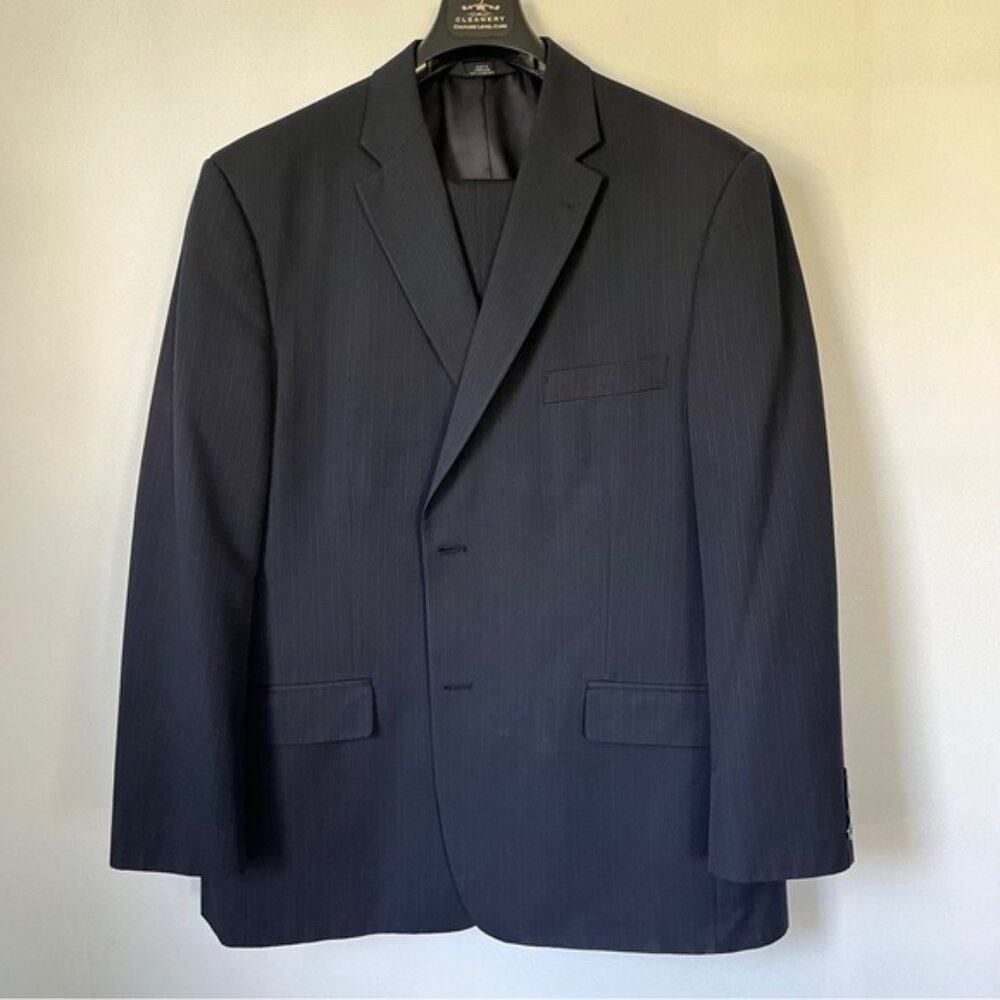 Haggar Dark Gray Stripe 2 Piece Suit Jacket 46R Pleat Front  Cuff Trousers 40x30